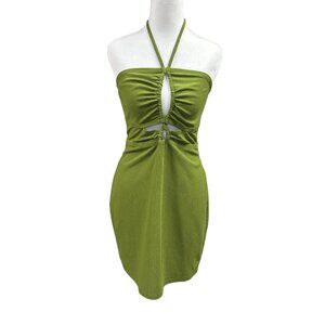 NEW Wild Fable Keyhole Cutout Ruched Halter Mini Dress Sz M Green Festival